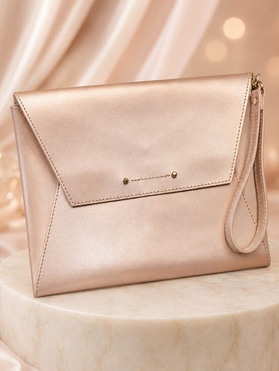 Garuglieri Handbags - Garuglieri Genuine Leather Envelope Purse Wristlet in Metallic Rose Gold